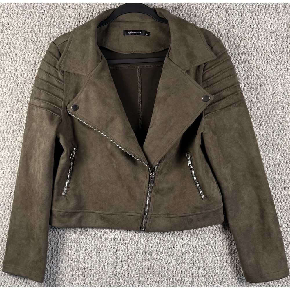 Apperloth A Faux Suede Moto Jacket Size L Olive Green Biker Ribbed Zip Cropped